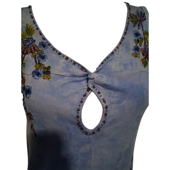 Y2K Krista Lee Embroidered Womens Size S Beaded Keyhole Laser Cutt Beaded Tank - Picture 7 of 12